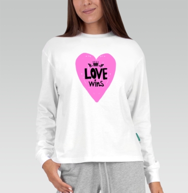 LOVE wins яркое розовое сердце с короной, Футболка лонгслив женская белая