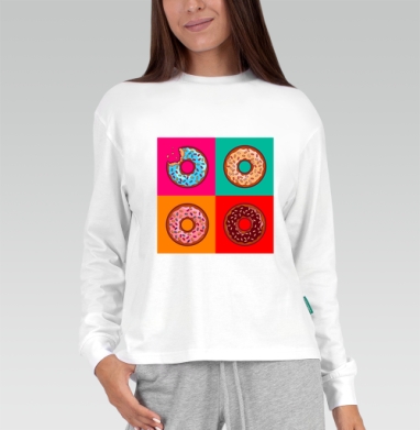 Pop art donut / Пончик в стиле поп-арт, Футболка лонгслив женская белая