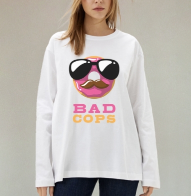 Стилизованный принт BAD COPS с пончиком и усами, Футболка лонгслив женская белая