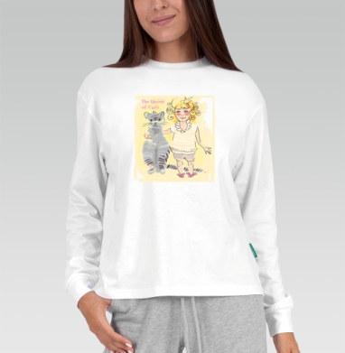 Теплая иллюстрация девочки с золотыми кудрями и котом в короне / Queen of Cats, Футболка лонгслив женская белая