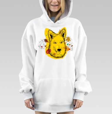 Осенний дружелюбный собака светлые желтые листья осень прогулка, Hoodie Mjhigh Dig, оверсайз, утепленная