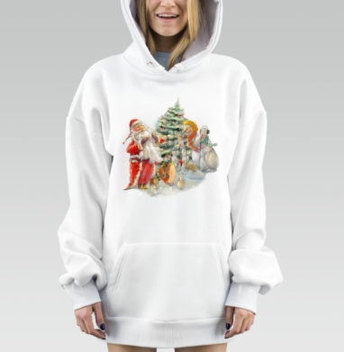 Весёлый Дед Мороз и снеговики у ёлки Новый Год вместе, Hoodie Mjhigh Dig, оверсайз, утепленная