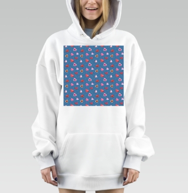 Яркие сердечки на синем фоне нежность игривость романтика, Hoodie Mjhigh Dig, оверсайз, утепленная