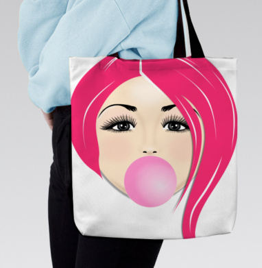 Яркая девушка с розовыми волосами и пузырчатой жвачкой bubble gum, Сумка с ручкой и внутренним карманом на молнии