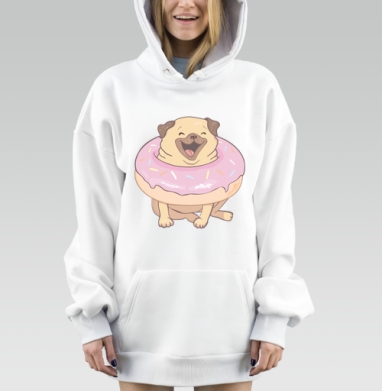 Счастливый пес мопс в розовом пончике подарок юмор веселье, Hoodie Mjhigh Dig, оверсайз, утепленная