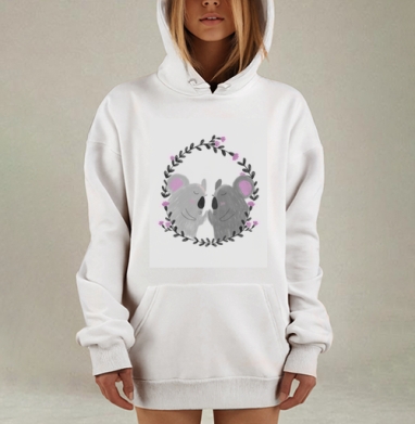 Две нежные коалы в окружении фиолетовых цветов и черных листьев, Hoodie Mjhigh Dig, оверсайз, утепленная
