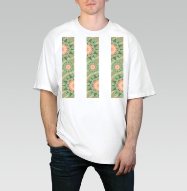 Гармоничные цветочные линии с зелеными и розовыми оттенками линии, Футболка / Мужчинам / Оверсайз / Белая / C принтом
