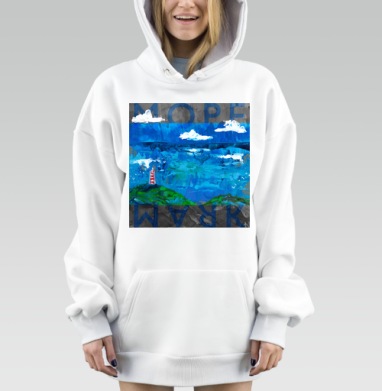 Светящийся маяк на зелёном холме у синего океана в глубине моря, Hoodie Mjhigh Dig, оверсайз, утепленная