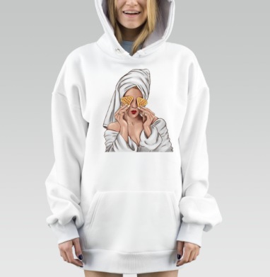 Женщина в халате с вафлями и завтрак, Hoodie Mjhigh Dig, оверсайз, утепленная