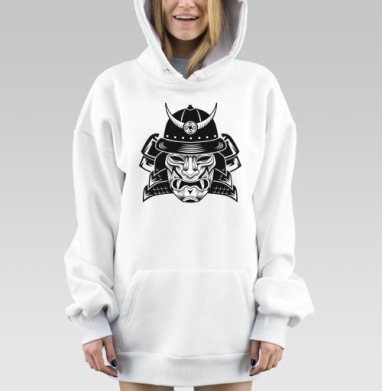 Маска самурая черно белая на сером фоне, Hoodie Mjhigh Dig, оверсайз, утепленная