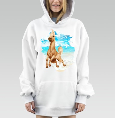 Весёлая лошадка пляж море голубое облака, Hoodie Mjhigh Dig, оверсайз, утепленная