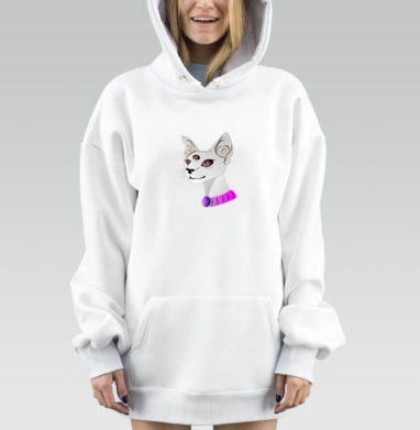 Белая трехглазая кошка с пурпурным ошейником кошка с, Hoodie Mjhigh Dig, оверсайз, утепленная