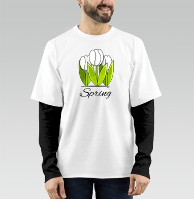 Белые тюльпаны и зелёные листья весна надпись Spring, Футболка мужская лонгслив OneOne
