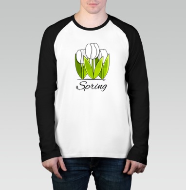 Белые тюльпаны и зелёные листья весна надпись Spring, Футболка длинный рукав / Мужчинам / Реглан / Принт