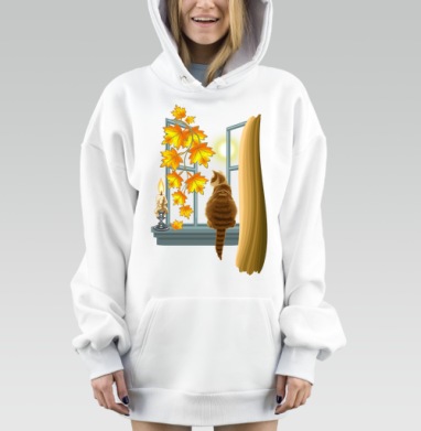 Кот наблюдает за луной осенними листьями, Hoodie Mjhigh Dig, оверсайз, утепленная