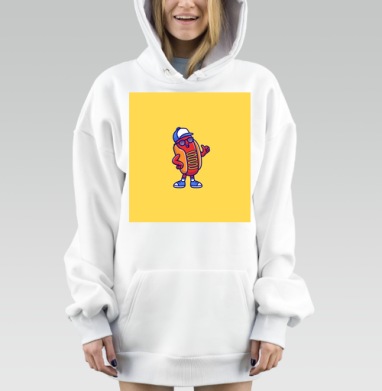 Весёлый хот дог с кепкой и очками на желтом фоне, Hoodie Mjhigh Dig, оверсайз, утепленная