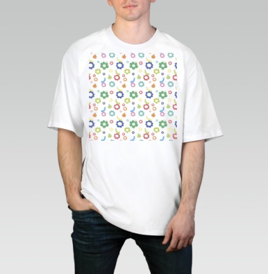 Гусеницы среди цветов жизнерадостные на сером фоне, Футболка / Мужчинам / Оверсайз / Белая / C принтом