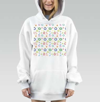 Гусеницы среди цветов жизнерадостные на сером фоне, Hoodie Mjhigh Dig, оверсайз, утепленная