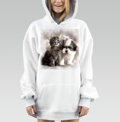 Дружба котёнка щенка нежное единство, Hoodie Mjhigh Dig, оверсайз, утепленная