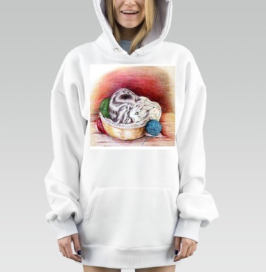 Кошка в корзине с пряжей уютная домашняя сцена, Hoodie Mjhigh Dig, оверсайз, утепленная