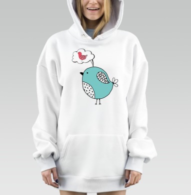 Голубая птица мечтает о красной птице в облачке мысли, Hoodie Mjhigh Dig, оверсайз, утепленная
