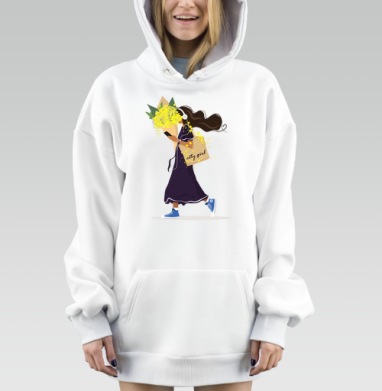 Городская девушка с букетом мимозы в синем платье city girl, Hoodie Mjhigh Dig, оверсайз, утепленная