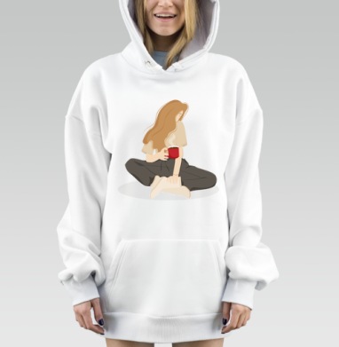 Теплая девушка с кофе на уютном отдыхе, Hoodie Mjhigh Dig, оверсайз, утепленная