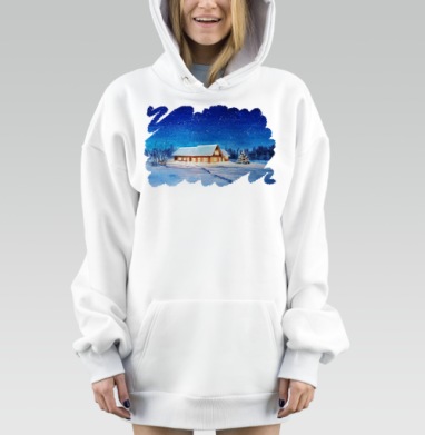 Зимняя ночная сцена с уютным домом и елкой зимний отдых спорт, Hoodie Mjhigh Dig, оверсайз, утепленная