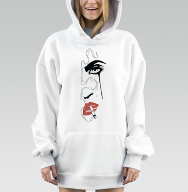 Грустная женщина с сигаретой и красными губами на сером фоне, Hoodie Mjhigh Dig, оверсайз, утепленная