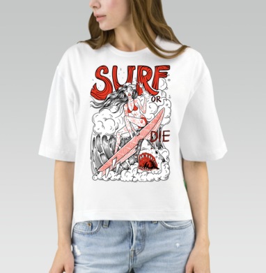 Девушка Серфер На Волне С Акулами Surf Or Die, Футболка женская оверсайз Mido