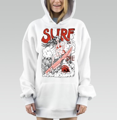 Девушка Серфер На Волне С Акулами Surf Or Die - Магазин футболок GoPasha - Дизайнерские принты