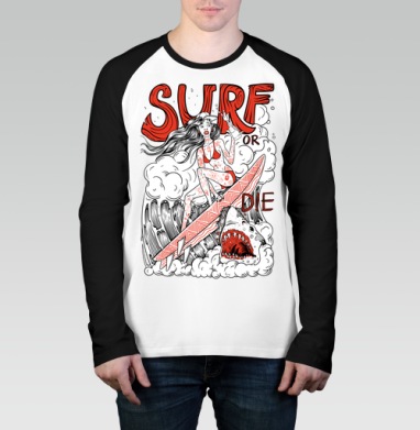 Девушка Серфер На Волне С Акулами Surf Or Die - Магазин футболок GoPasha - Дизайнерские принты