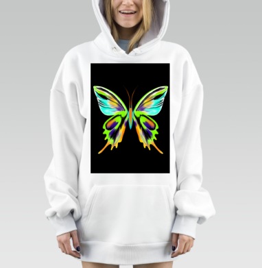 Яркая бабочка с крыльями зеленого бирюзового оранжевого цвета, Hoodie Mjhigh Dig, оверсайз, утепленная