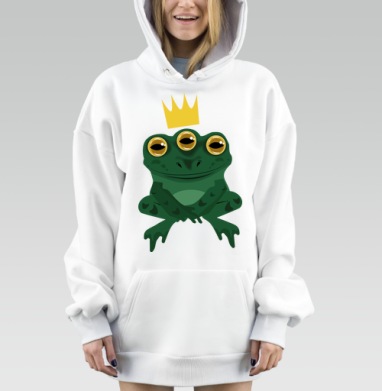 Зелёная трёхглазая жаба с короной спокойным серым фоне, Hoodie Mjhigh Dig, оверсайз, утепленная