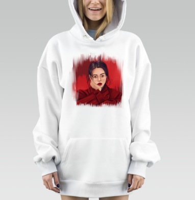 Печальная японка в красном пальто девушка эмоция чувства, Hoodie Mjhigh Dig, оверсайз, утепленная
