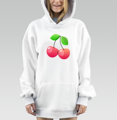 Свежие красные вишни с зелёными листьями на сером фоне, Hoodie Mjhigh Dig, оверсайз, утепленная