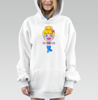 Мультяшная русалка с ярким хвостом и улыбкой на фоне, Hoodie Mjhigh Dig, оверсайз, утепленная