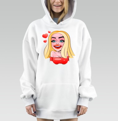 Женщина с красивой улыбкой и красными сердцами вокруг, Hoodie Mjhigh Dig, оверсайз, утепленная
