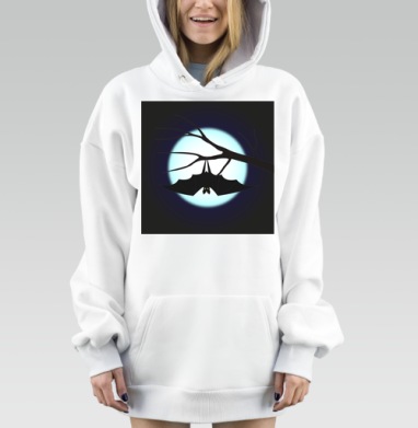 Летучая мышь висит на ветке на фоне полной луны, Hoodie Mjhigh Dig, оверсайз, утепленная