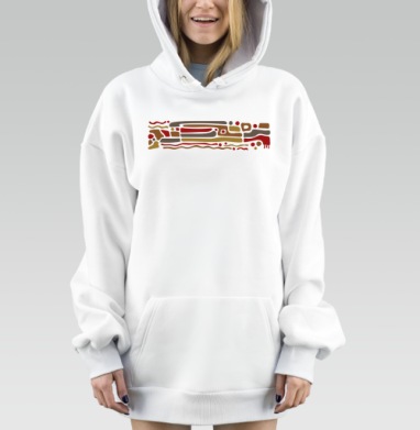 Абстрактный орнамент с красными и жёлтыми элементами на чёрном фоне, Hoodie Mjhigh Dig, оверсайз, утепленная