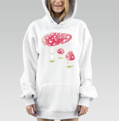 Яркие красные мухоморы с белыми пятнами на траве, Hoodie Mjhigh Dig, оверсайз, утепленная