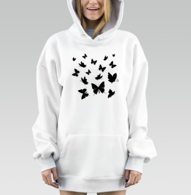 Черные бабочки на сером фоне разлетаются свободно, Hoodie Mjhigh Dig, оверсайз, утепленная