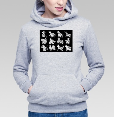 Белые животные китайского гороскопа черный фон, Толстовка Женская серый меланж 340гр, утепленная