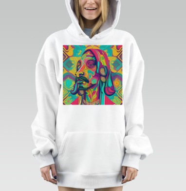 Яркий абстрактный портрет собаки сине бирюзовый малиновый жёлтый, Hoodie Mjhigh Dig, оверсайз, утепленная