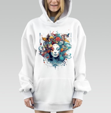 Женское лицо с птицами и цветами в живых оттенках, Hoodie Mjhigh Dig, оверсайз, утепленная