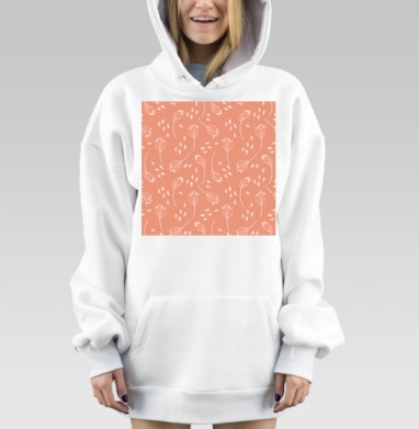 Нежные коралловые веточки с кремовыми каплями на фоне, Hoodie Mjhigh Dig, оверсайз, утепленная