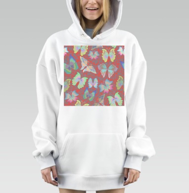 Разноцветные бабочки на серо красном фоне бесшовный принт, Hoodie Mjhigh Dig, оверсайз, утепленная