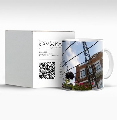 Летняя прогулка по городу цветы среди зданий металлической решётчатой конструкцией, Кружка c принтом керамическая