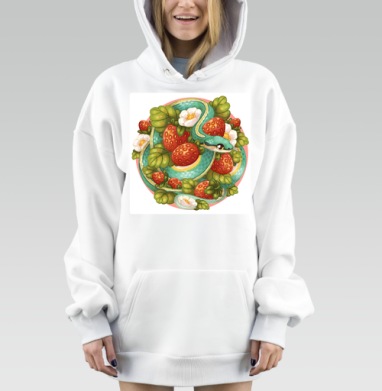 Змея с клубникой в зелёных листьях в ярких оттенках, Hoodie Mjhigh Dig, оверсайз, утепленная