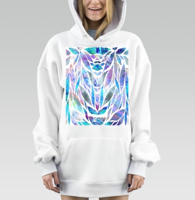 Абстрактные голубые цветы бирюзовые листья в светлой палитре, Hoodie Mjhigh Dig, оверсайз, утепленная